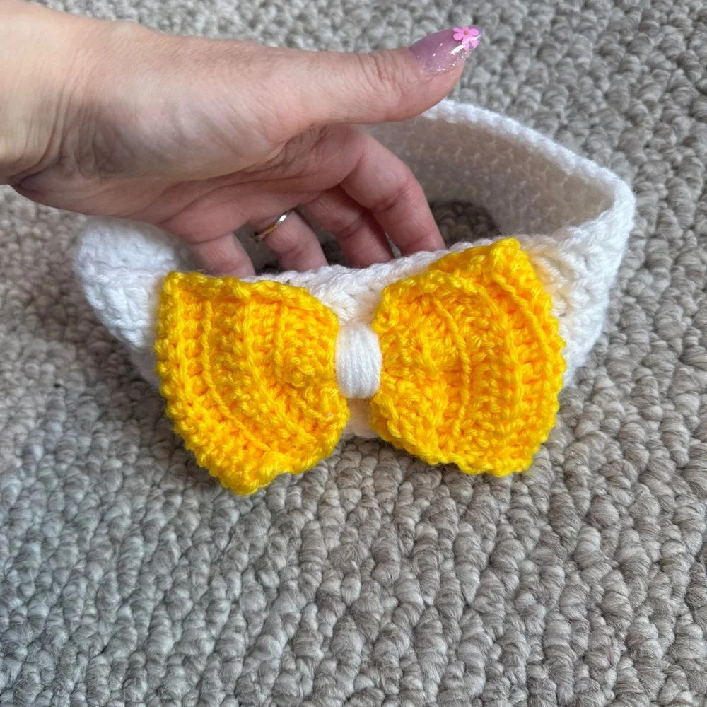 Handmade Crochet Baby Headband White with Yellow‎ Bow OSFM Accessory